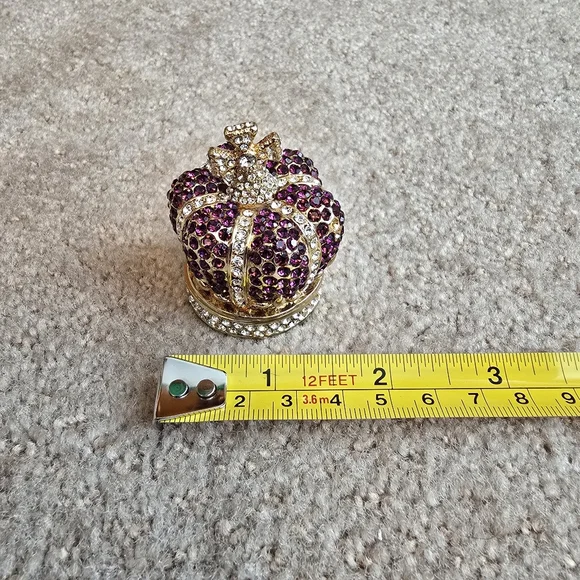 Rhinestone Crown Trinket Box Purple Crystal Gold Tone Jewelry Holder Royal - Picture 10 of 14